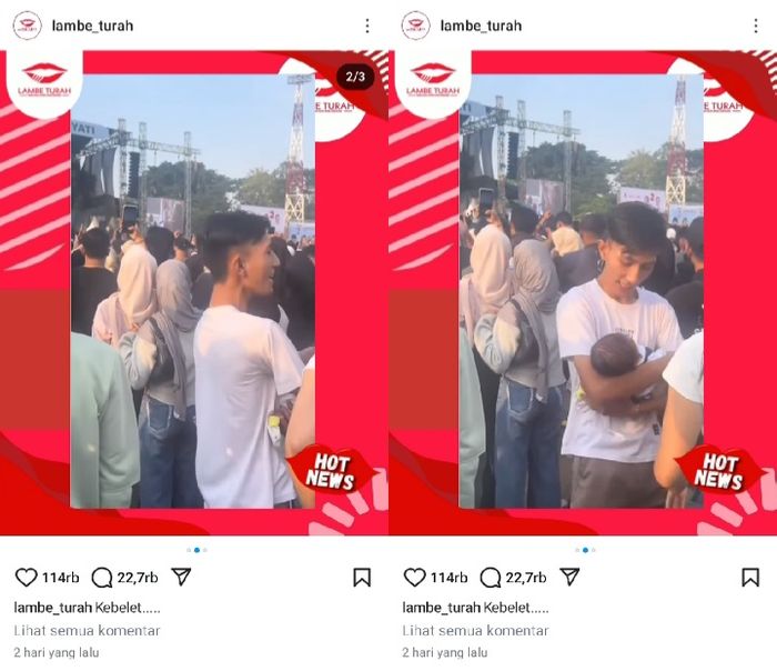 Seorang ayah tampak menggendong bayinya di tengah konser.