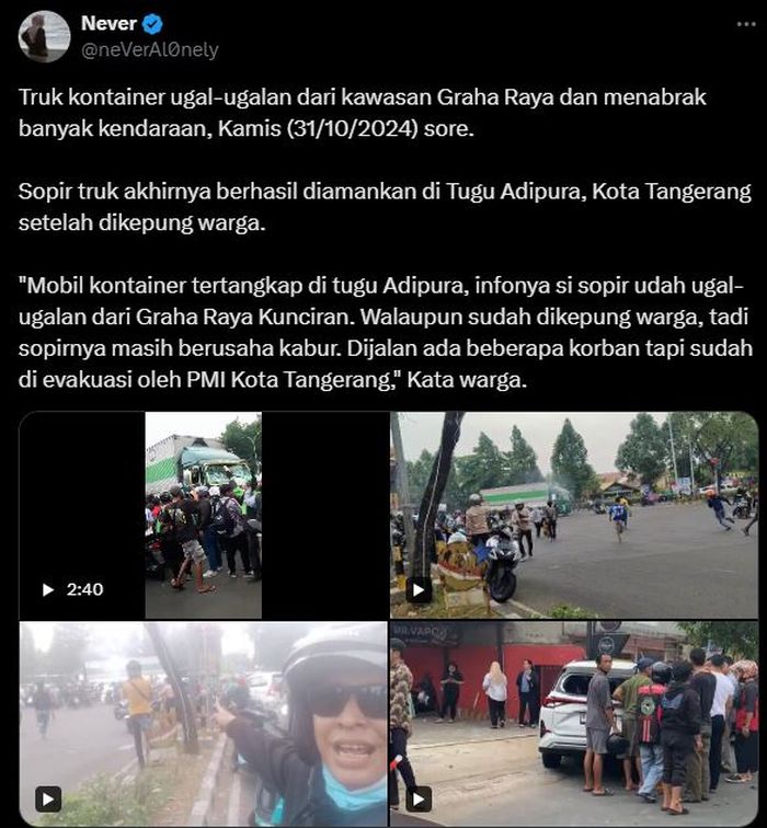 Truk kontainer menabrak sejumlah motor dan mobil di Tangerang