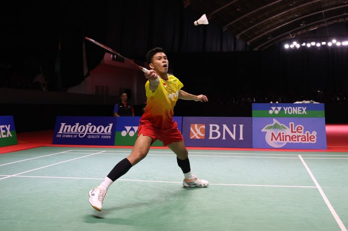 Pebulu tangkis tunggal putra Indonesia,Yohanes Saut Marcellyno, pada perempat final Indonesia Masters II 2024 di Jatim Expo, Surabaya, Jumat (1/11/2024).