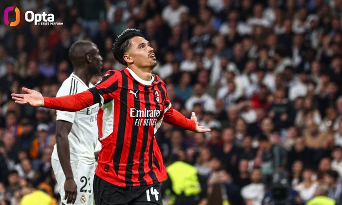 Selebrasi gelandang AC Milan, Tijjani Reijnders usai mencetak gol ketiga bagi timnya dalam kemenangan 3-1 atas Real Madrid di Liga Champions.