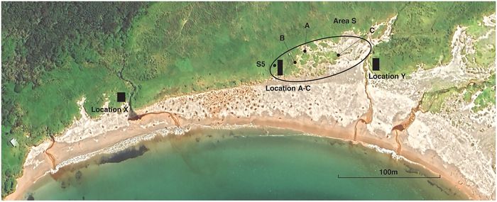 Lokasi situs arkeologis Sandy Bay di Pulau Enderby. Tiga titik ini memberikan sisa kependudukan masyarakat Polinesia kuno paling selatan dalam sejarah migrasi manusia modern. Para peneliti meragukan keberhasilan mereka berlayar sampai ke Antarktika.