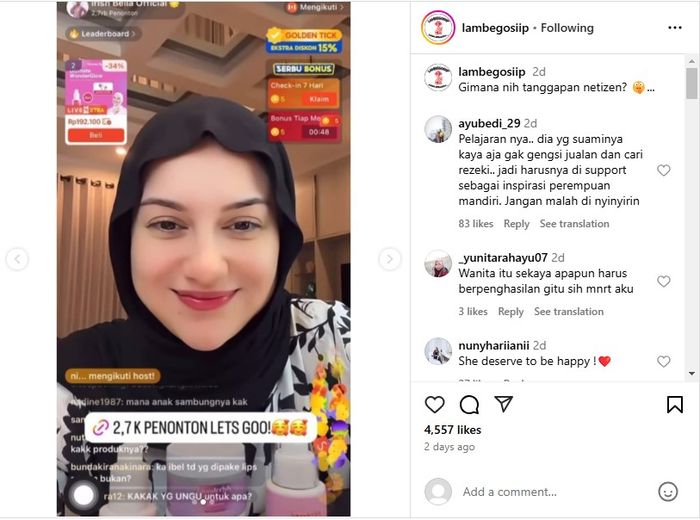 Potret Irish Bella yang tetap berjualan skincare di TikTok meski sudah menikah dengan Haldy Sabri.