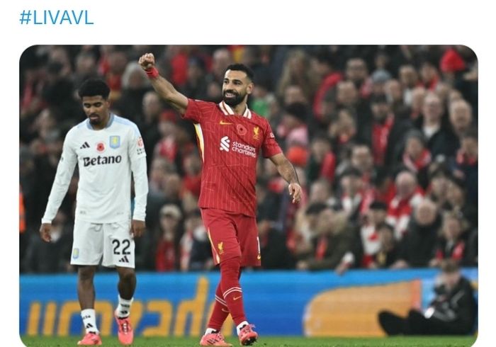 Winger Liverpool, Mohamed Salah, merayakan gol ke gawang Aston Villa pada laga pekan ke-11 Liga Inggris di Stadion Anfiel, Sabtu (9/11/2024).