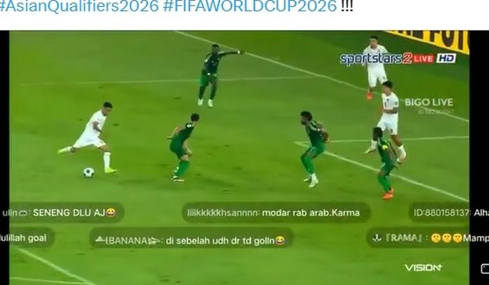 Momen saat Marselino Ferdinan mencetak gol ek gawang Arab Saudi.