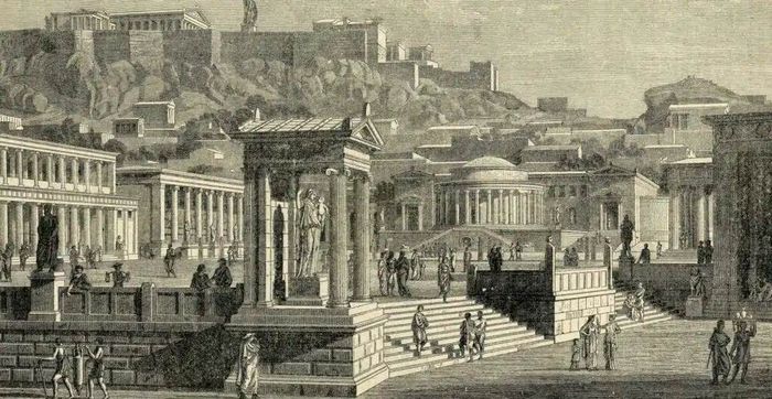 Lukisan Kota Athena pada masa Yunani Kuno di bawah Bukit Acropolis.