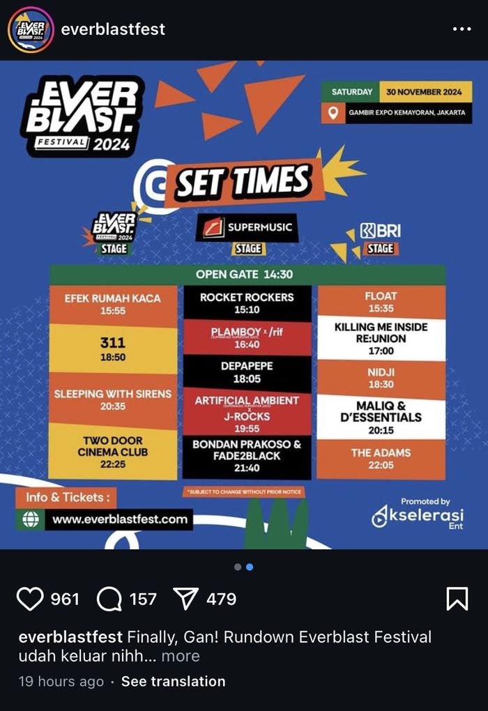 Rundown dan jadwal manggung pengisi acara Everblast Festival 2024 pada Sabtu (30/11/2024).
