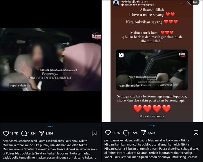 Laura Meizani sampaikan salam kepada Vadel Badjideh dan dibalas oleh sang kekasih di media sosialnya.