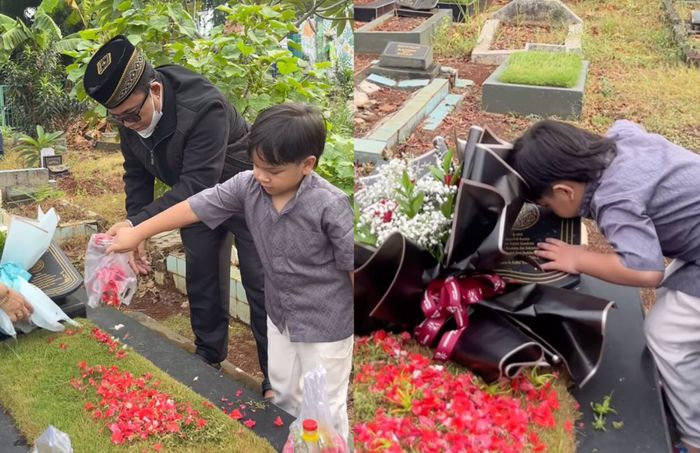 Gala menabur bunga dan mencium nisan orangtuanya.