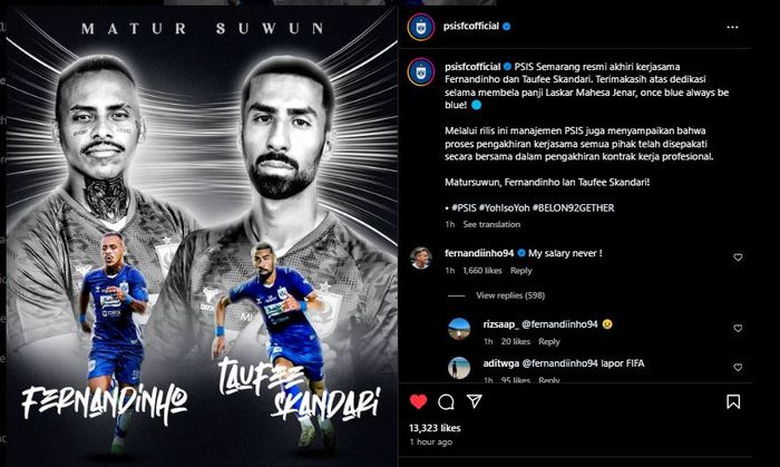 Fernandinho memberikan komentar di Instagram PSIS Semarang.