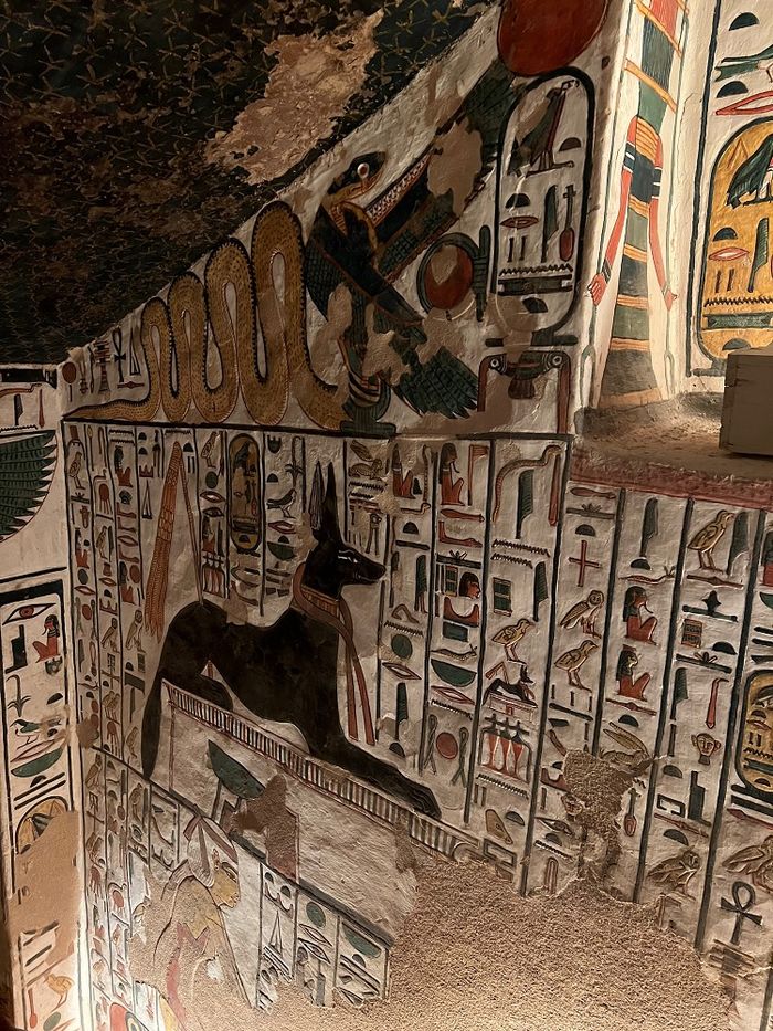 Wadjet berbentuk ular kobra bersayap, digambarkan di Makam Nefertari, di atas Anubis (mirip Serigala).