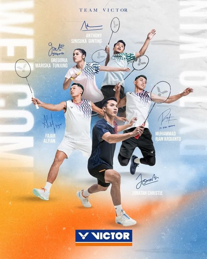 Poster pengumuman bergabungnya Jonatan Christie, Anthony Sinisuka Ginting, Gregoria Mariska Tunjung, Fajar Alfian, dan Muhammad Rian Ardianto ke tim Victor.