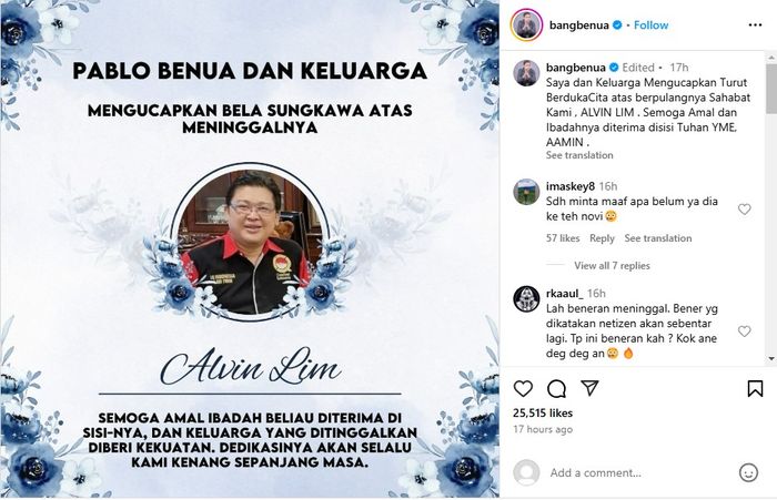 Pablo Benua kirim pesan sendu untuk kepergian Alvin Lim.