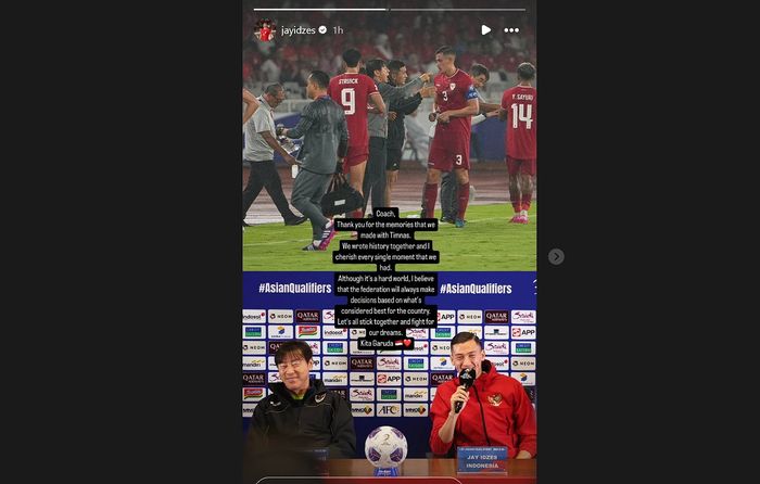 Instastory Jay Idzes menanggapi pemecatan Shin Tae-yong dari timnas Indonesia.