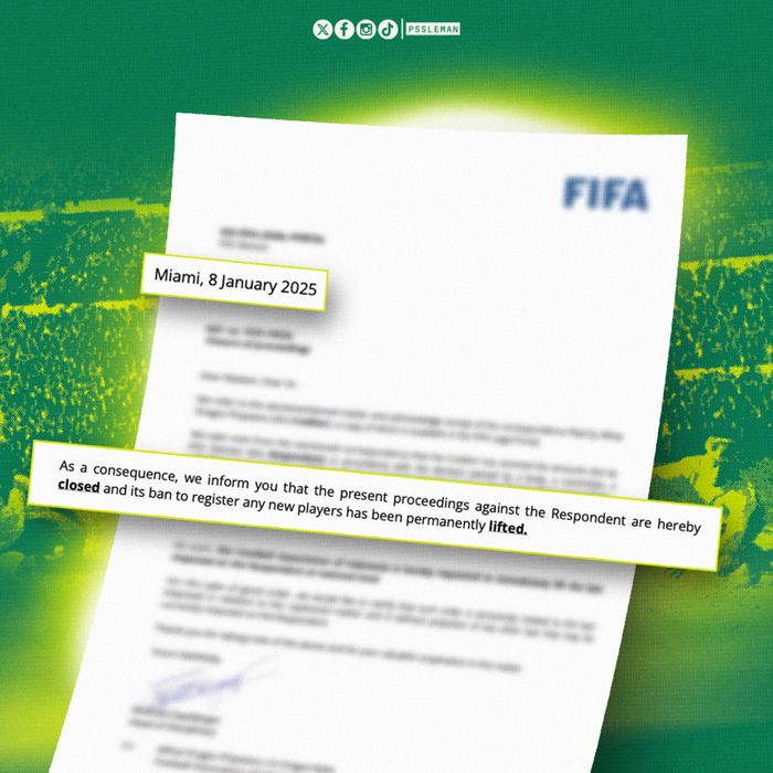 Surat resmi yang diterima manajemen PSS Sleman yang menyatakan mereka bebas dari hukuman transfer dari FIFA