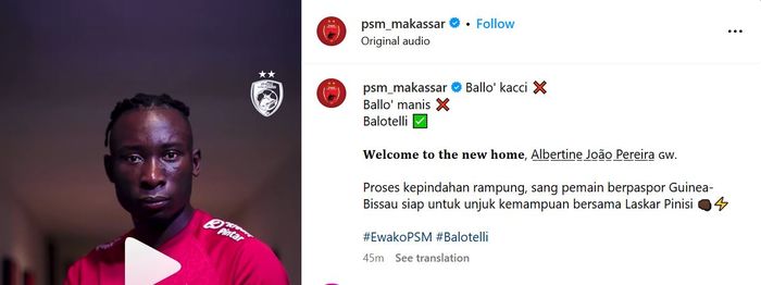 PSM Makassar memiliki pemain baru bernama Albertine Joao Pereira alias Balotelli.