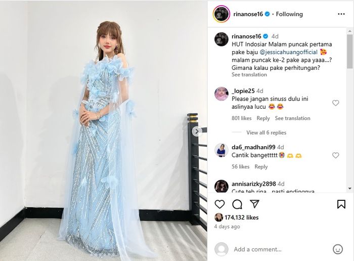 Unggahan Instagram Rina Nose.