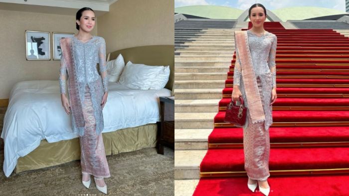 Kebaya pastel dan kain songket ala Beby Tsabina