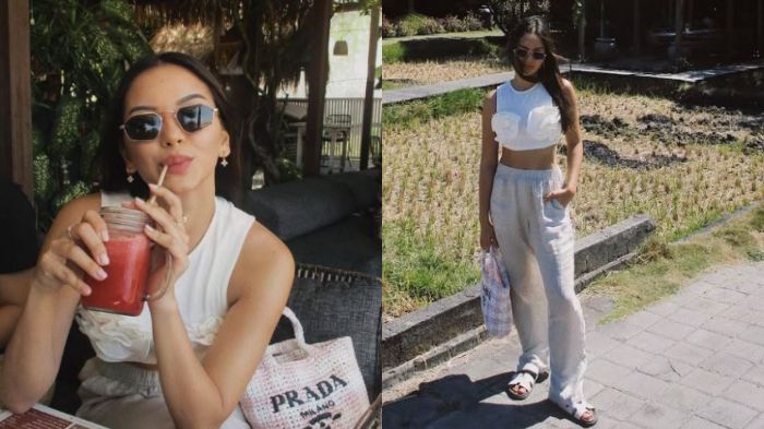 Gaya sleeveless crop top dan celana panjang