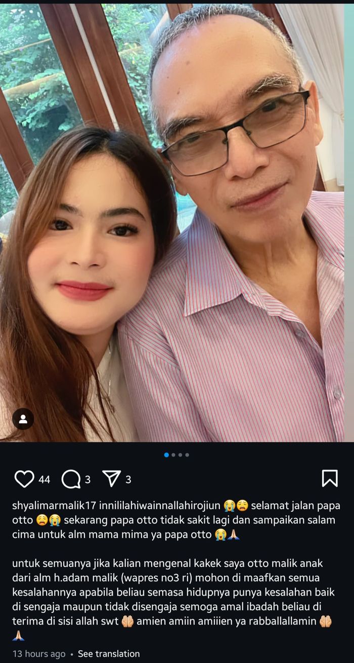 Otto Malik, anak mantan Wakil Presiden RI Adam Malik, meninggal dunia, Sabtu (25/1/2025).