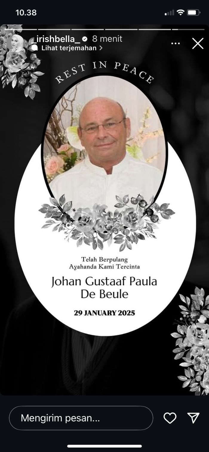 Irish Bella umumkan kabar duka, sang ayah, Johan Gustaaf Paula De Beule meninggal dunia, Rabu (29/1/2025).