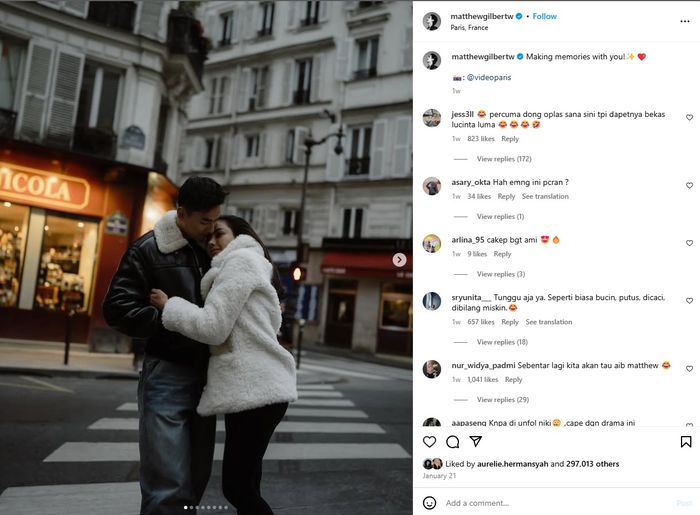 Unggahan Instagram Matthew Gilbert diserbu komentar netizen.