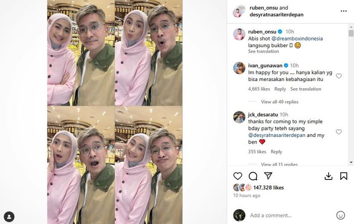 KEDEKATAN - Ruben Onsu kembali memposting kemesraan dengan Desy Ratnasari di media sosial Instagramnya, Kamis (30/1/2025).