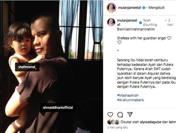 CEMBURU - Potret musisi Ahmad Dhani dengan putrinya, Shafeea di Instagram pribadi Mulan Jameela pada Sabtu (8/2/2025). Mulan mendadak bahas tidak ingin cemburu dengan anak perempuannya.