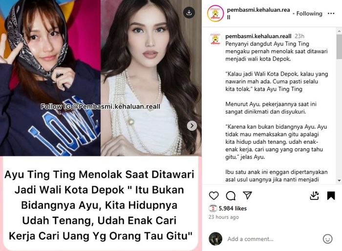 Ayu Ting Ting tolak tawaran jadi Wali Kota Depok