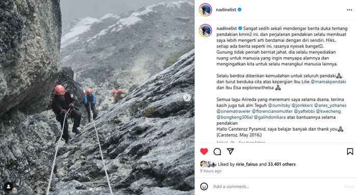 Nadine Chandrawinata pernah mendaki Carstnesz.