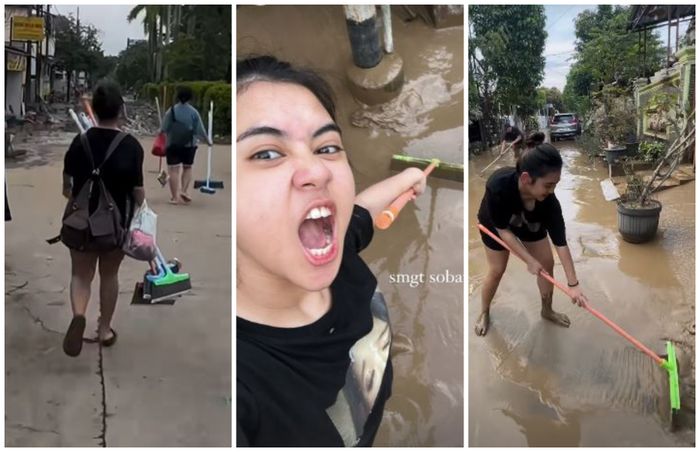 Ziva Magnolya bersih-bersih rumah pasca banjir