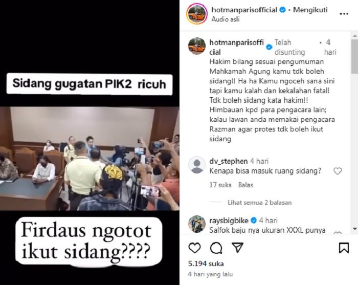 Firdaus Oiwobo mengamuk di sidang PIK 2.