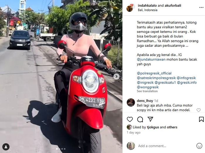 Indah Kalalo kehilangan motor kesayangan