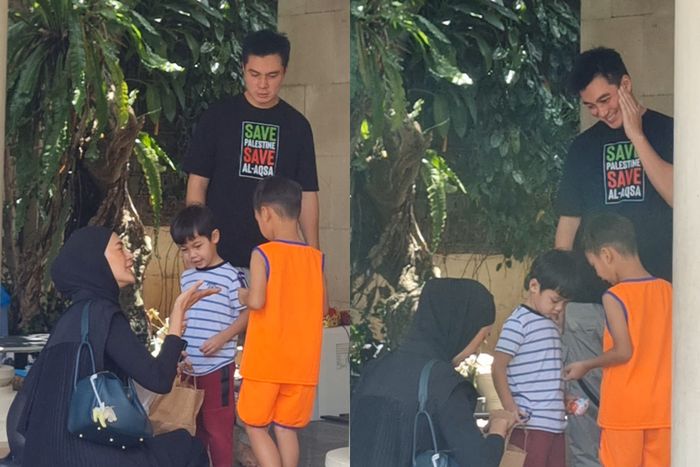 Paula Verhoeven bersama kedua anak saat sambangi rumah Baim Wong di kawasan Kebayoran Baru, Jakarta Selatan, Jumat (21/3/2025). 