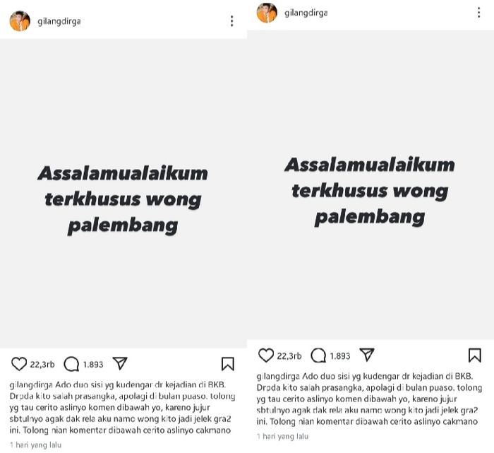 Unggahan Instagram Gilang Dirga