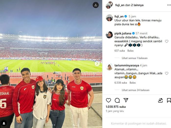 Fuji dan Verrell Bramasta terpantau nonton laga Indonesia vs Bahrain di GBK