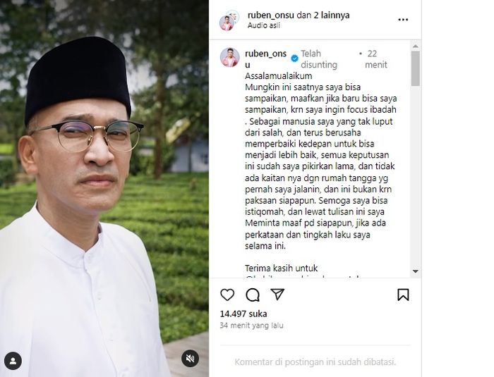 Unggahan Ruben Onsu terkait dirinya mualaf.