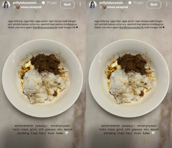 Omara Esteghlal memuji rendang buatan Prilly Latuconsina.