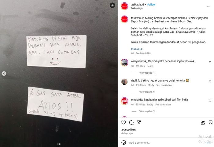 Viral pesan pencuri gas elpiji 3kg usai beraksi di Tasikmalaya, Jawa Barat.