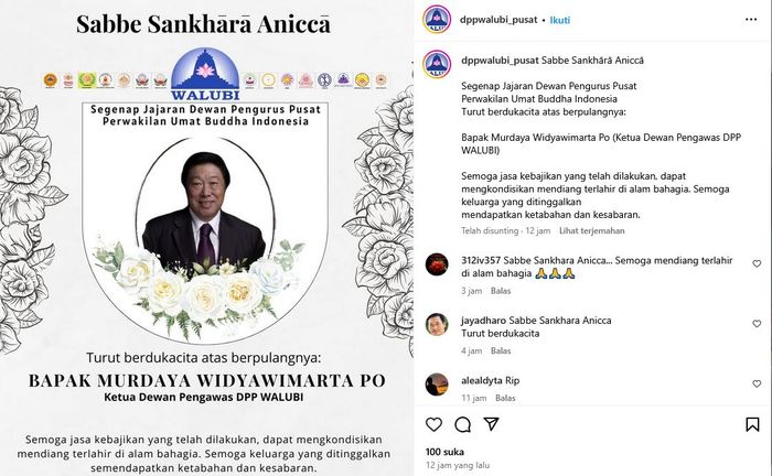 Unggahan kabar duka meninggalnya Murdaya Poo  