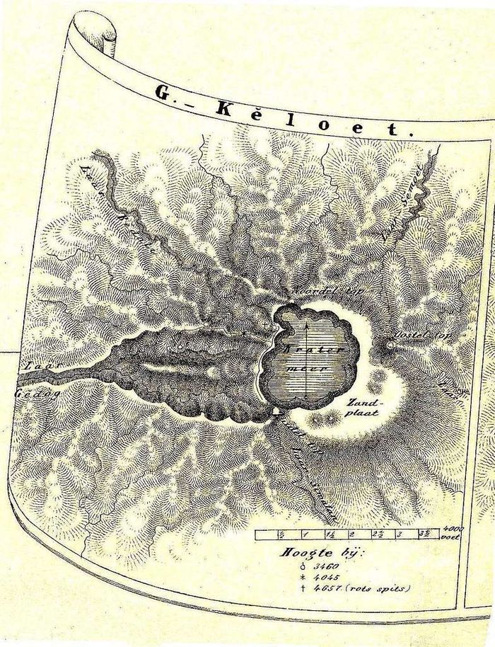 Peta Gunung Kelud karya Franz Wilhelm Junghuhn pada 1853, yang menampilkan danau kawahnya. Saat erupsi pada 1919, danau ini menimbulkan banjir lahar yang menyapu Kot Blitar dan sekitarnya.