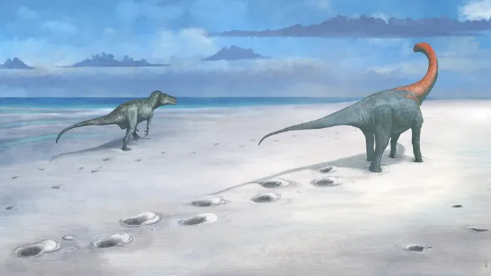 Sebuah rekonstruksi artistik Tambang Dewars Farm pada masa periode Jurassic. Megalosaurus berjalan di dekat Cetiosaurus.