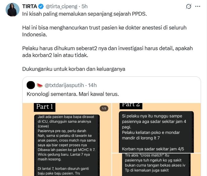 X/ Tirta Cipeng
Dokter Tirta komentari kasus pemerkosaan dokter PPDS Anestesi Unpad di RSHS Bandung
Baca Juga: