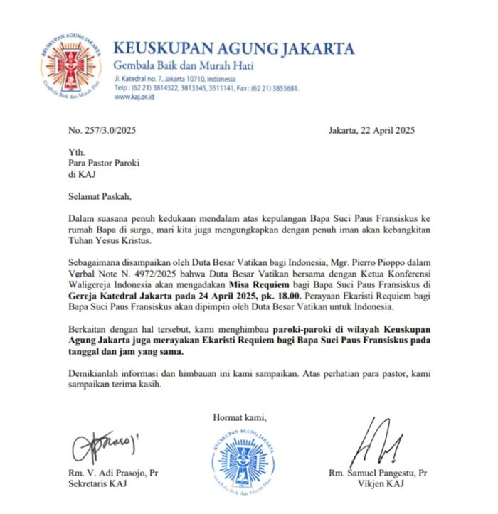 Pengumuman pelaksanaan Misa Requiem untuk Paus Fansiskus di Gereja Katedral Jakarta 