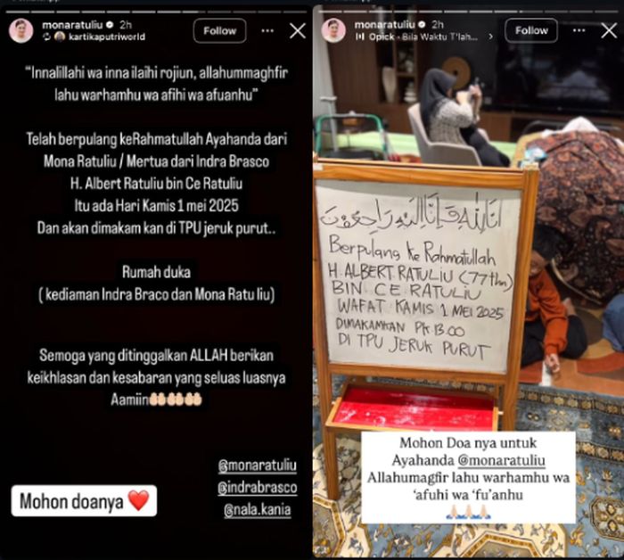 Ayah Mona Ratuliu, Albert Ratuliu dikabarkan meninggal dunia pada Kamis (1/5/2025).