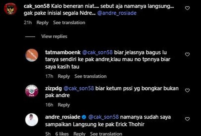 Komentar Andre Rosiade di salah satu postingan instagram membalas netizen soal nama mafia sepak bola Indonesia.
