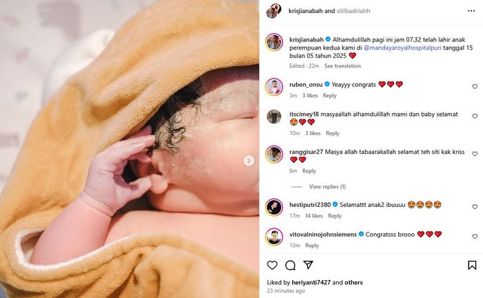 Siti Badriah melahirkan anak kedua berjenis kelamin perempuan