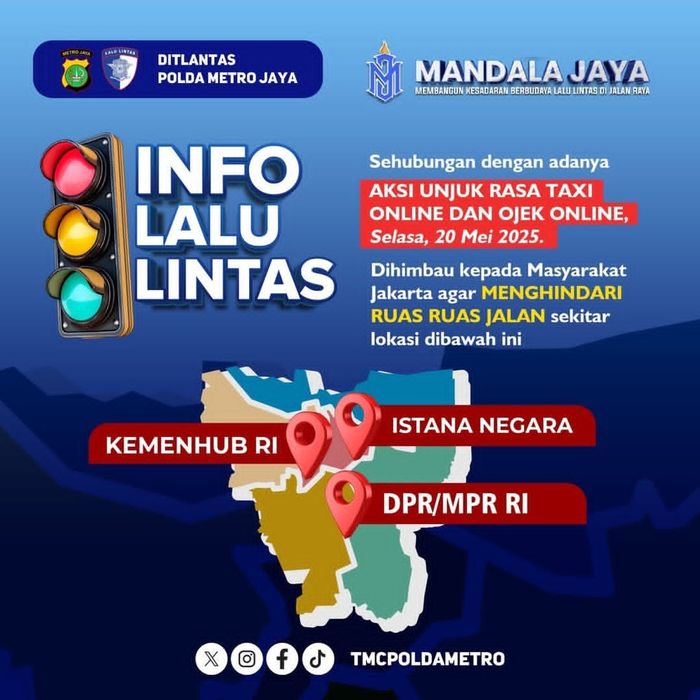 Pengumuman info lalu lintas terkait demo ojol serentak Selasa 20 Mei 2025.