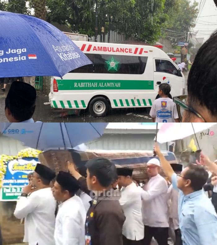 Hujan deras mengguyur wilayah Cilandak dan sekitarnya, lokasi rumah duka di mana jenazah suami Najwa Shihab disemayamkan.