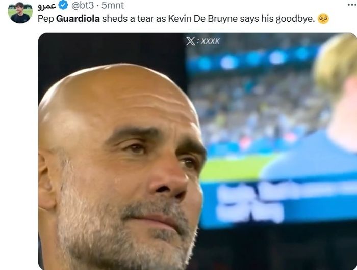 Pep Guardiola menangis saat seremoni perpisahan Kevin De Bruyne di Etihad Stadium.