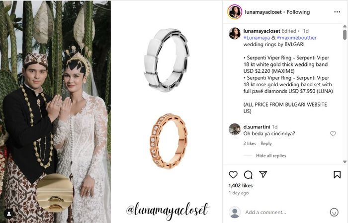 Detail cincin nikah Luna Maya dan Maxime Bouttier.